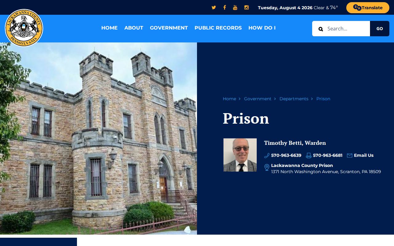 Official Lackawanna County Prison information page for custody questions