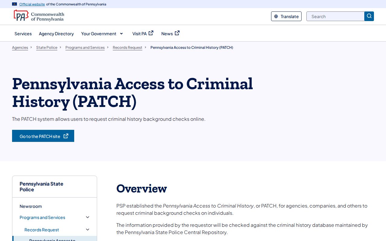Official Pennsylvania PATCH workflow and status information
