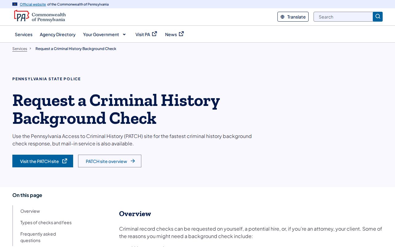 Pennsylvania State Police criminal history check types and fees