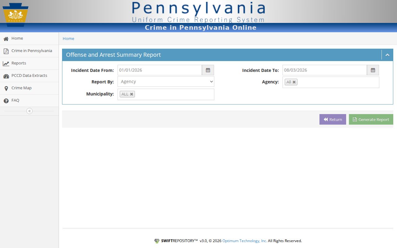 Pennsylvania UCR agency report interface for Carbondale City Police