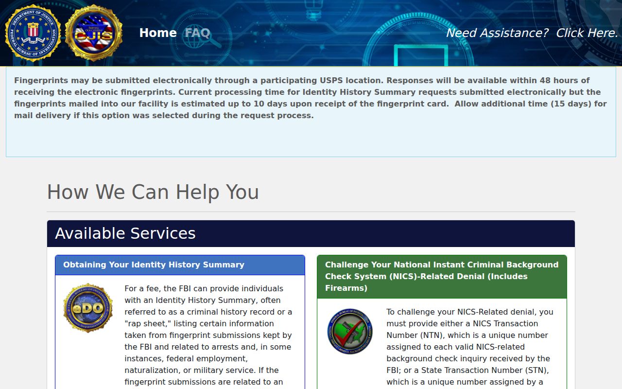 FBI electronic identity history request portal