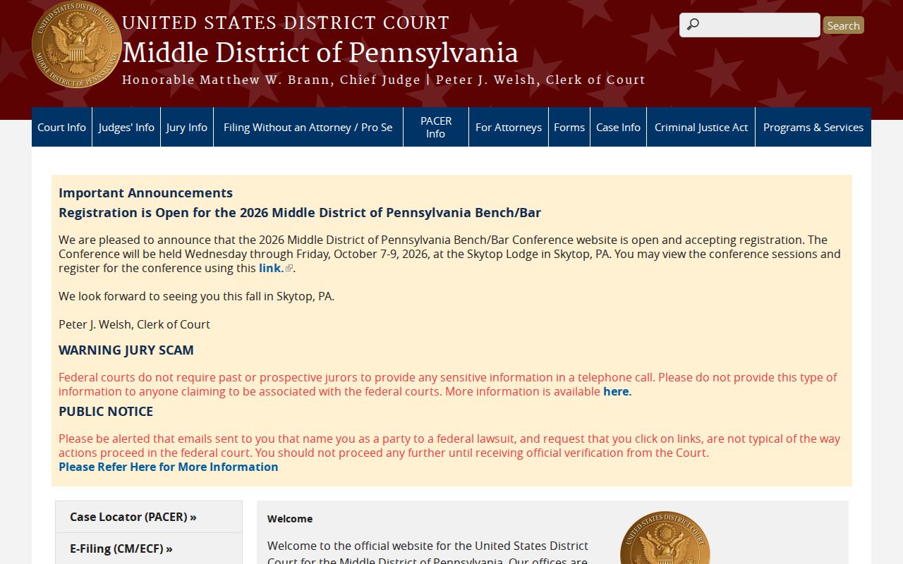 Middle District of Pennsylvania federal court website for Scranton cases