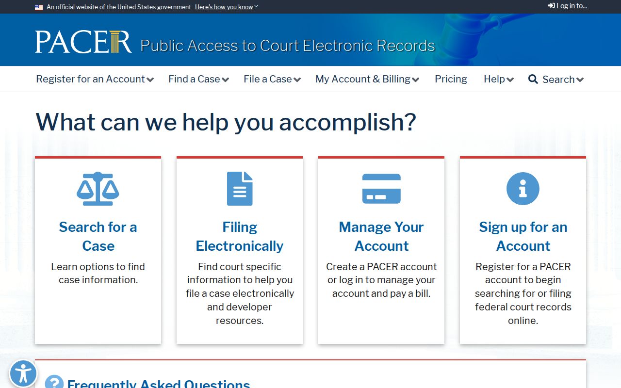 PACER federal court records portal used for federal criminal cases