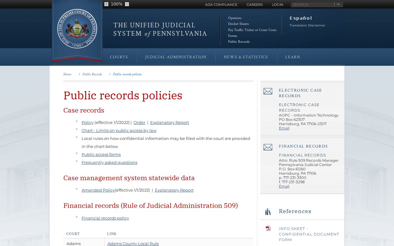Pennsylvania court public records policy page used for Lackawanna County cases