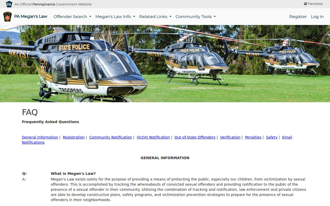 PSP FAQ for Lackawanna County sex offender alerts and registry searches